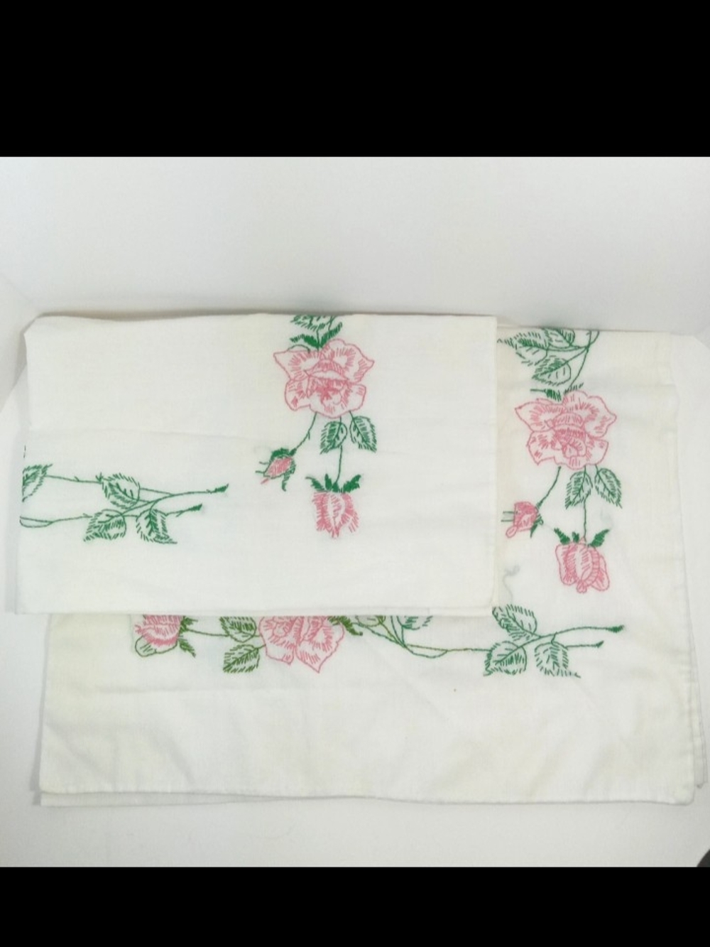 Vtg Floral Hand Embroidered White Pillowcase Set with Pink Roses